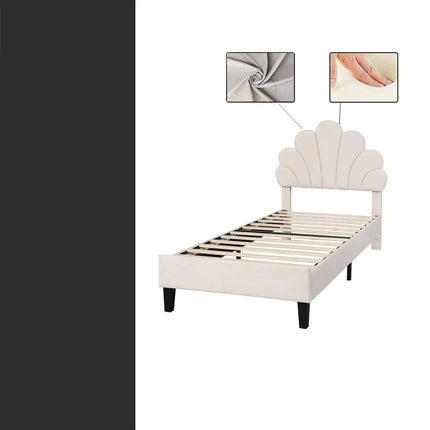 Einzelbett 90x200 – Samt mit gepolstertem, floralem Kopfteil in Rosa oder Beige