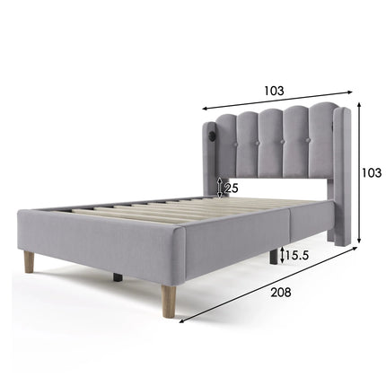 Single bed 90x200 – Upholstered headboard with USB &amp; Type-C ports Grey