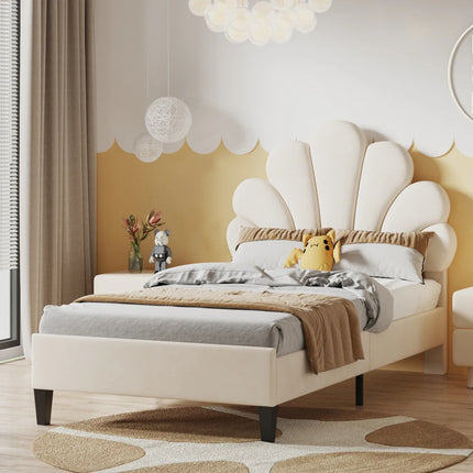 Einzelbett 90x200 – Samt mit gepolstertem, floralem Kopfteil in Rosa oder Beige