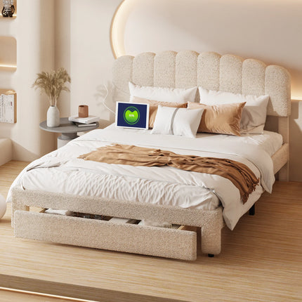 Double bed 140x200 with drawer – Adjustable beige padded teddy headboard