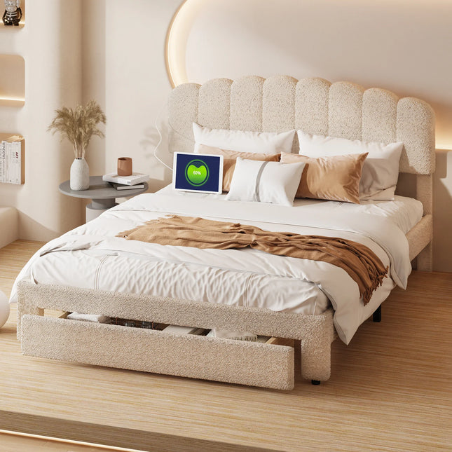 Lit 2 places 160x200 avec tiroir – Tête de lit teddy Molletonnée réglable beige