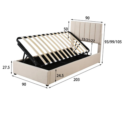 Einzelbett mit Stauraum (90 x 200 cm) und hydraulischer Staufunktion – Stoff