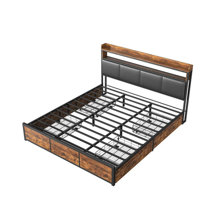 180x200 bed with storage – Black and wood upholstery &amp; LED lighting with integrated drawers