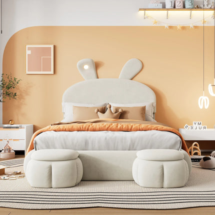 Double storage bed 140x200 – Beige velvet with storage and LED lighting