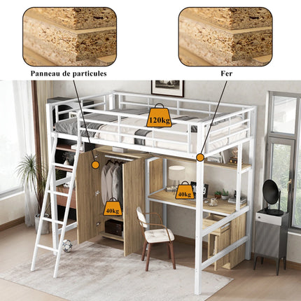 Einzel-Hochbett 90x200 – Weißes Metall mit Schreibtisch, Kleiderschrank und Stauraum