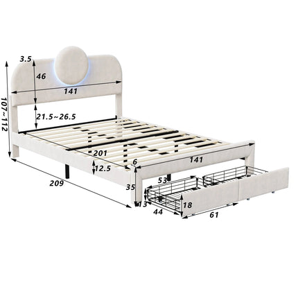 Doppelbett 140x200 cm in Samt mit Stauraum – Rundes LED-Kopfteil