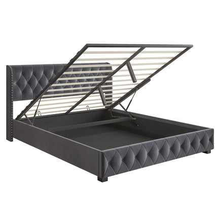 Lit 2 places 180x200 avec rangement – Velours gris capitonné