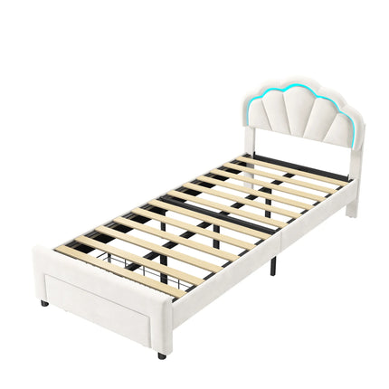 Single bed 90x200 with storage drawer – LED flower headboard