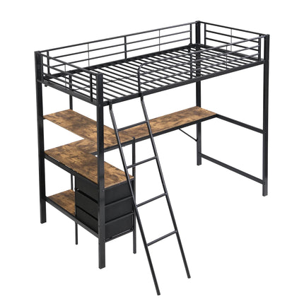 Einzel-Hochbett 90x200 – Schwarzes Metall mit Schreibtisch und Stauraum