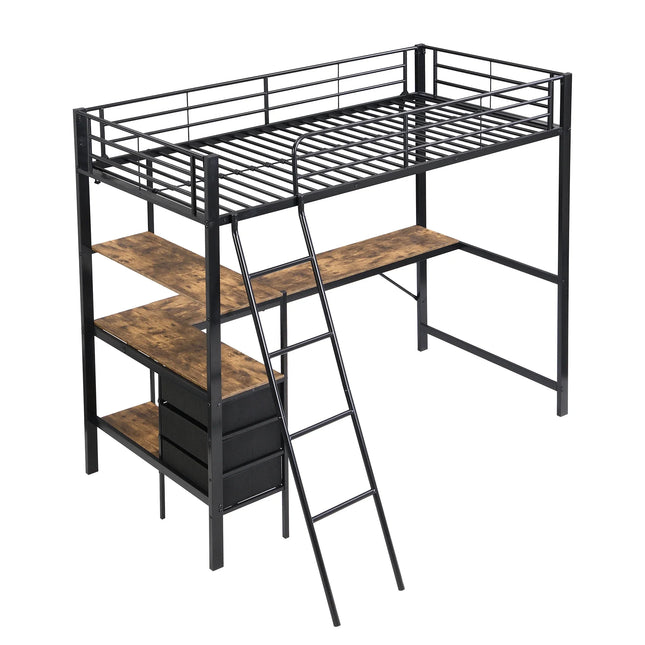 Lit mezzanine 1 place 90x200 – Métal noir avec bureau et rangements