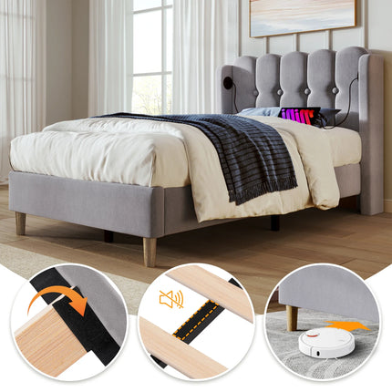 Single bed 90x200 – Upholstered headboard with USB &amp; Type-C ports Grey