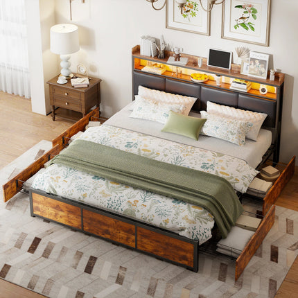 180x200 bed with storage – Black and wood upholstery &amp; LED lighting with integrated drawers