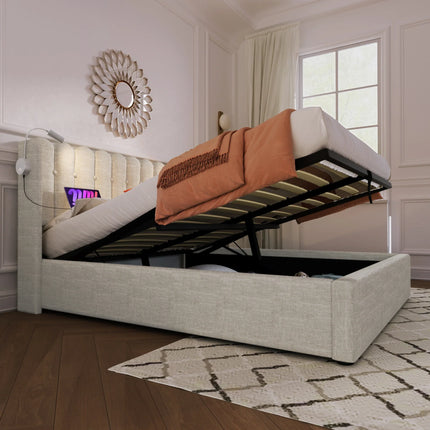 Lit coffre 2 places 160x200 avec rangement – Tissu beige avec lampe & USB