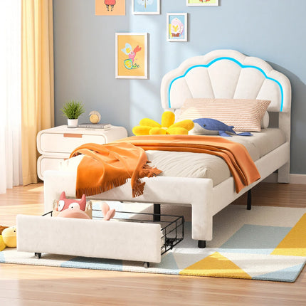 Single bed 90x200 with storage drawer – LED flower headboard