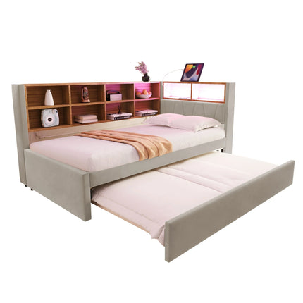 Ausziehbares Einzelbett 90x200 mit Stauraum und LED-Beleuchtung – Beige
