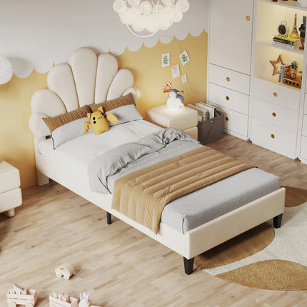 Einzelbett 90x200 – Samt mit gepolstertem, floralem Kopfteil in Rosa oder Beige