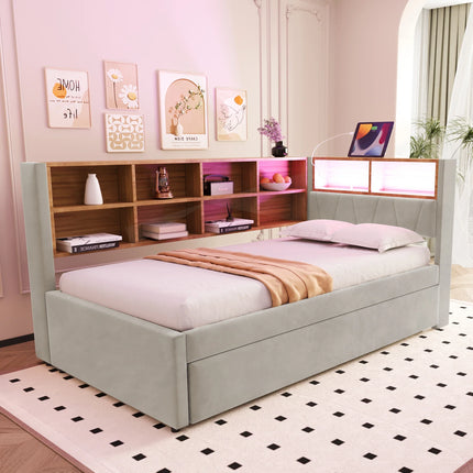 Ausziehbares Einzelbett 90x200 mit Stauraum und LED-Beleuchtung – Beige