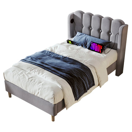Single bed 90x200 – Upholstered headboard with USB &amp; Type-C ports Grey