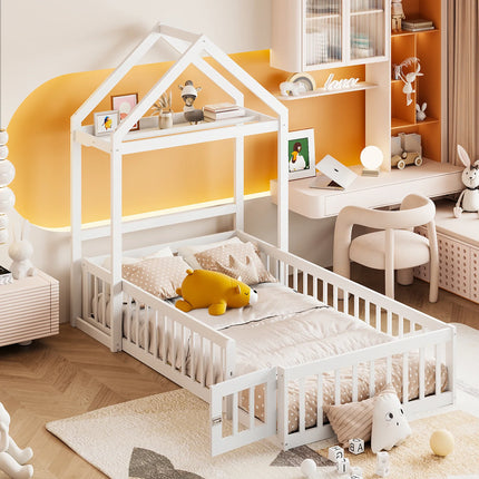 Lit cabane 90x200 en bois – Avec barrières sécurisées Blanc ou Gris