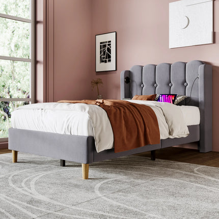 Single bed 90x200 – Upholstered headboard with USB &amp; Type-C ports Grey