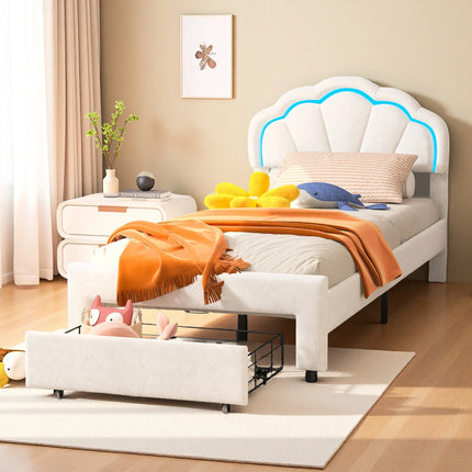 Single bed 90x200 with storage drawer – LED flower headboard