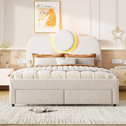 Doppelbett 140x200 cm in Samt mit Stauraum – Rundes LED-Kopfteil