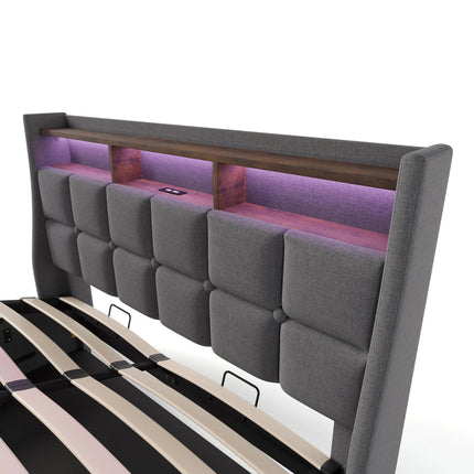 Lit coffre 140x200 avec rangement – Tissu Blanc ou Gris & LED