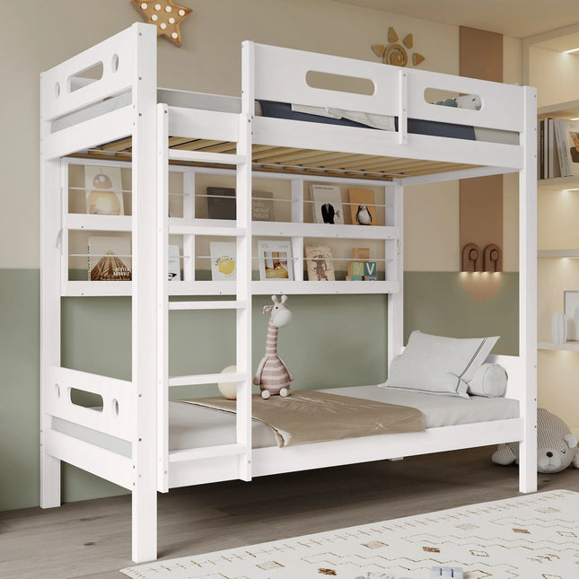 Lit mezzanine 1 place 90x200 - 2 couchages Bois blanc avec échelle 5 marches et rangements