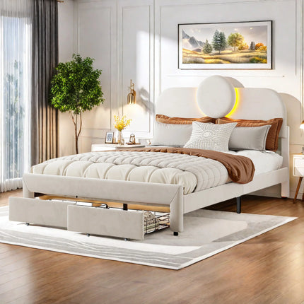 Doppelbett 140x200 cm in Samt mit Stauraum – Rundes LED-Kopfteil