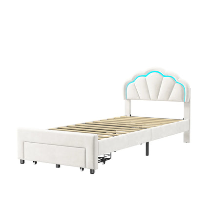 Single bed 90x200 with storage drawer – LED flower headboard
