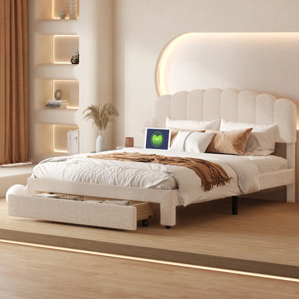Double bed 160x200 with drawer – Adjustable beige padded teddy headboard