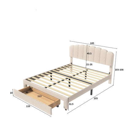 Double bed 140x200 with drawer – Adjustable beige padded teddy headboard