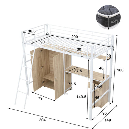 Einzel-Hochbett 90x200 – Weißes Metall mit Schreibtisch, Kleiderschrank und Stauraum