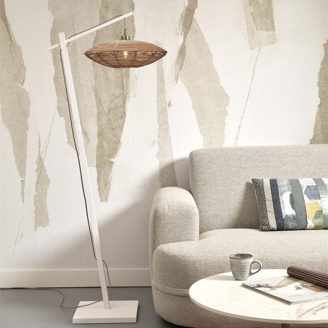 Lampadaire Tanami Rotin et Bambou Blanc Naturel 150 cm