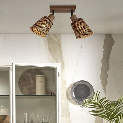 Plafonnier Java 2-Abat-jour Bambou Noir et Naturel 30 cm