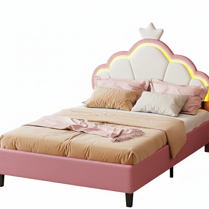 Double bed 140x200 – Princess LED design with pink crown headboard
