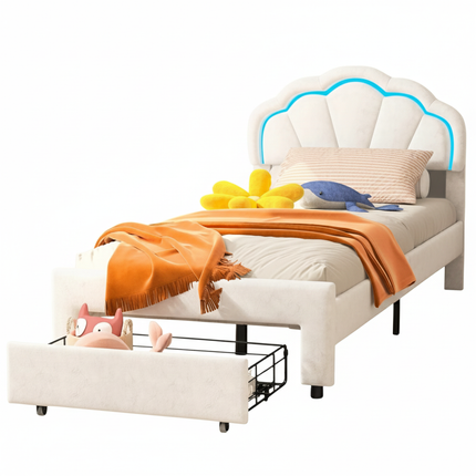 Single bed 90x200 with storage drawer – LED flower headboard
