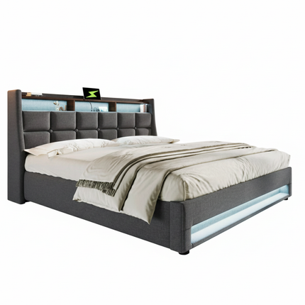 Lit coffre 140x200 avec rangement – Tissu Blanc ou Gris & LED