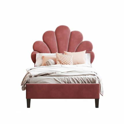 Einzelbett 90x200 – Samt mit gepolstertem, floralem Kopfteil in Rosa oder Beige