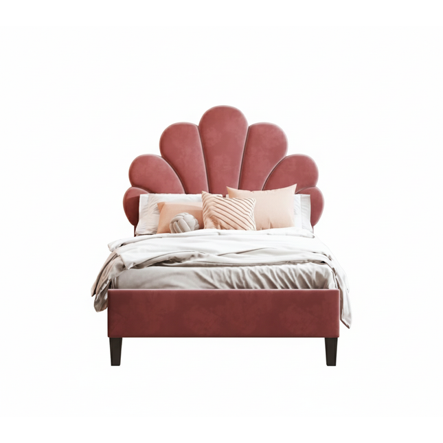 Lit 1 place 90x200 – Velours avec tête de lit fleur rembourrée Rose ou Beige