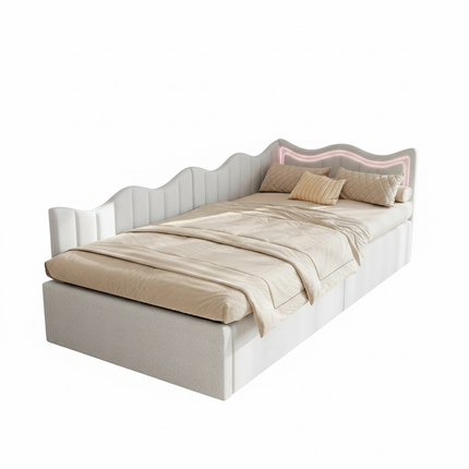 Single storage bed (90x200 cm) with hydraulic storage – Beige velvet