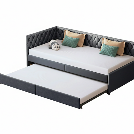Single trundle bed 90x200 with pull-out bed – Grey velvet