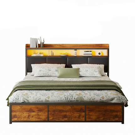 180x200 bed with storage – Black and wood upholstery &amp; LED lighting with integrated drawers