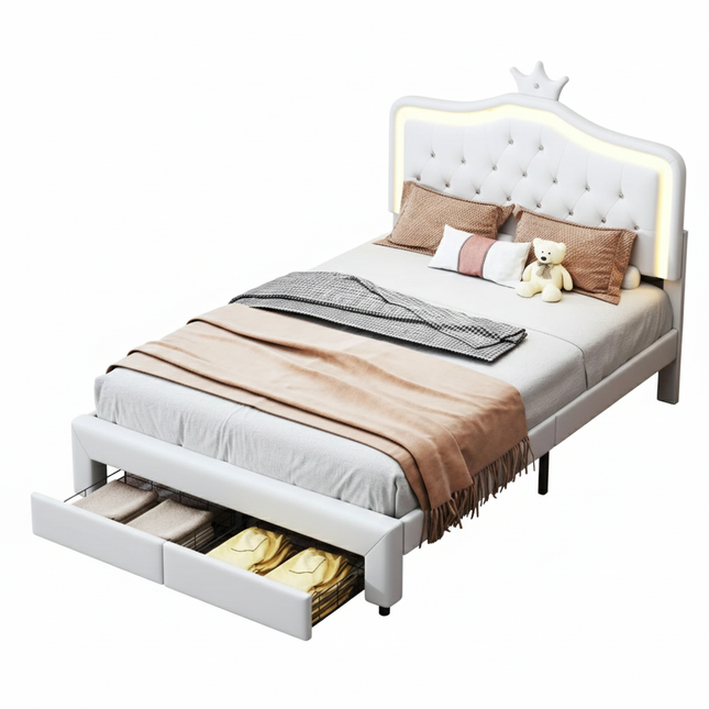 Lit 2 places 140x200 – Design princesse avec tiroir de rangement Blanc