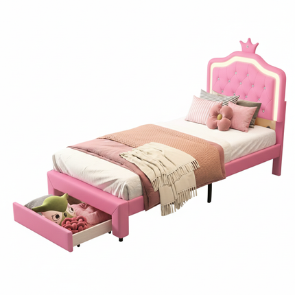 Single bed 90x200 – Princess design with storage drawer Pink
