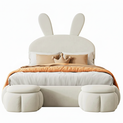 Double storage bed 140x200 – Beige velvet with storage and LED lighting