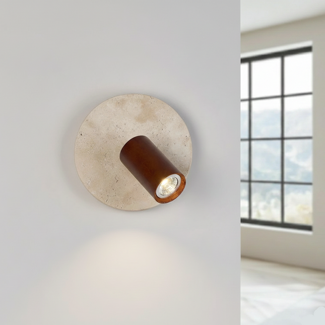Applique murale en travertin avec projecteur rotatif en bois