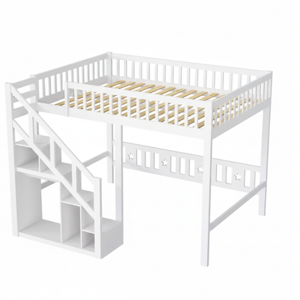 Single loft bed 90x200 – White wood with stairs and storage