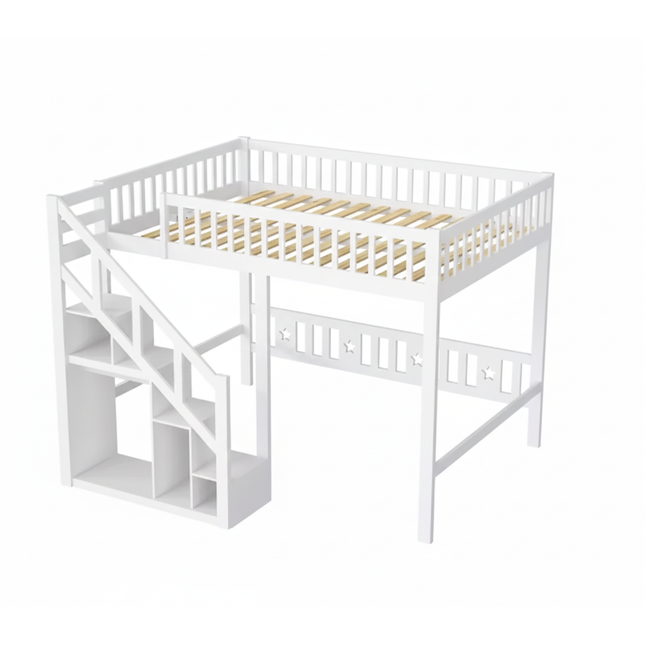 Lit mezzanine 1 place 90x200 – Bois blanc avec escalier et rangements