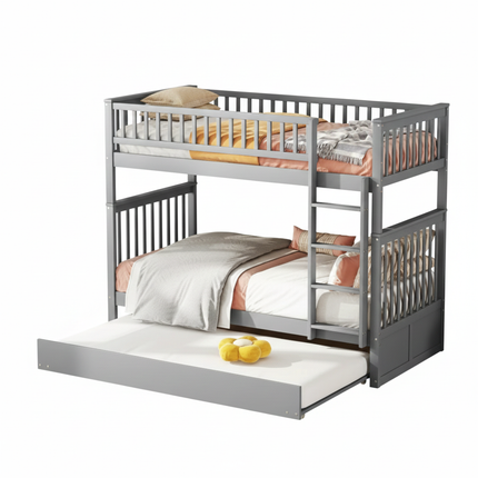 Loft bed with two single beds (90x200cm) – Wood with stairs and pull-out bed, Grey
